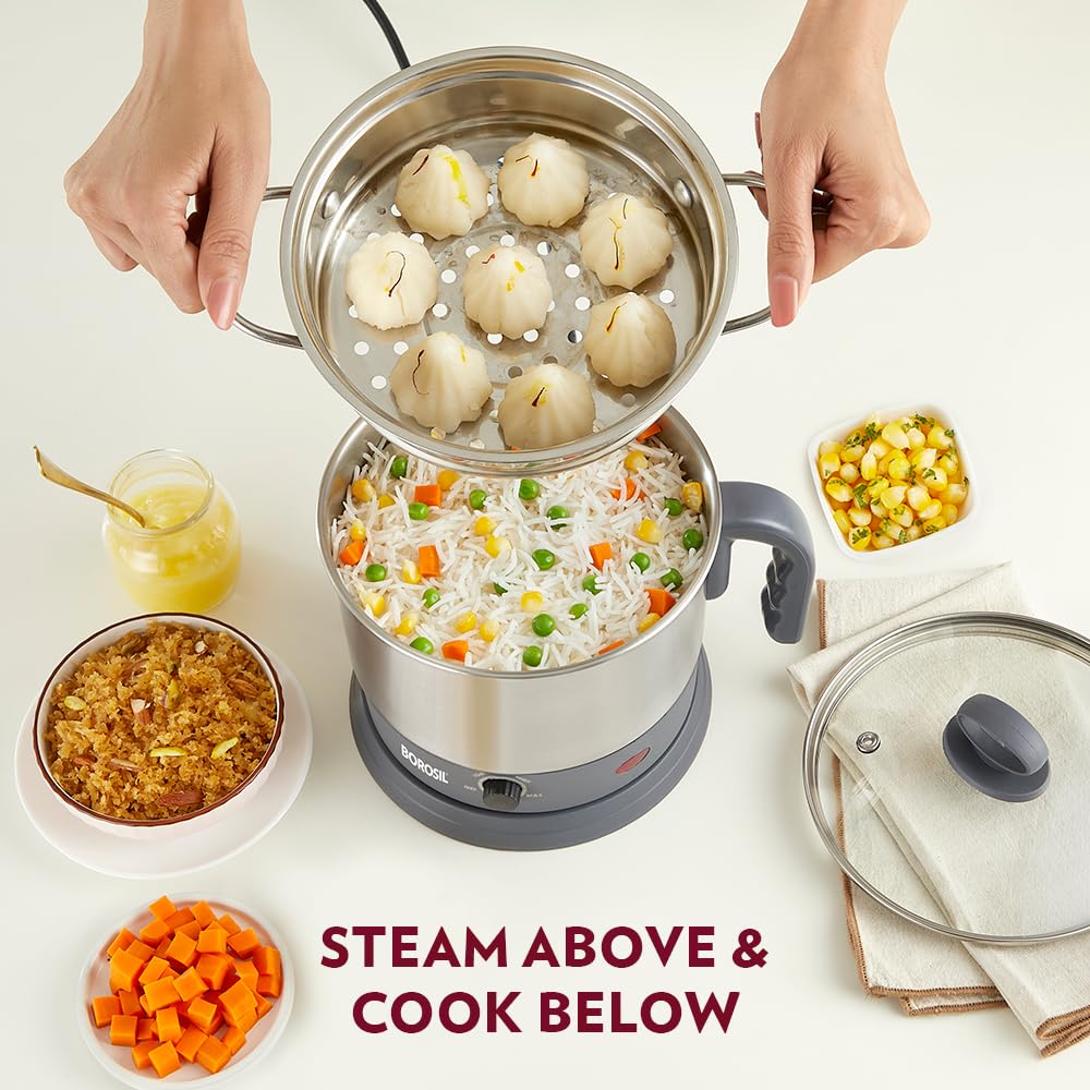 Borosil Multipurpose Electric Kettle with Egg Tray, Idli Stand